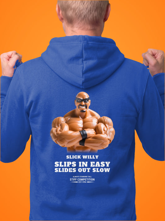 SC-94 HOODIE: SLICK WILLY (SLIPS IN EASY, SLIDES OUT SLOW), royal, front