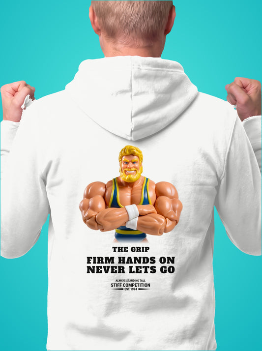 SC-94 HOODIE: THE GRIP (FIRM HANDS ON, NEVER LETS GO), white, front