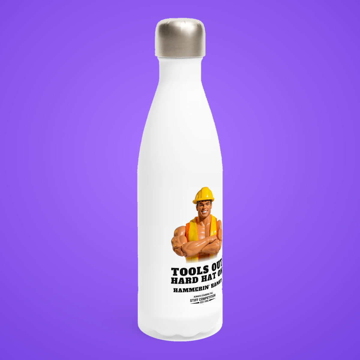SC-94 WATER BOTTLE: HAMMERIN' HANKY (TOOLS OUT, HARD HAT ON), white, turned right
