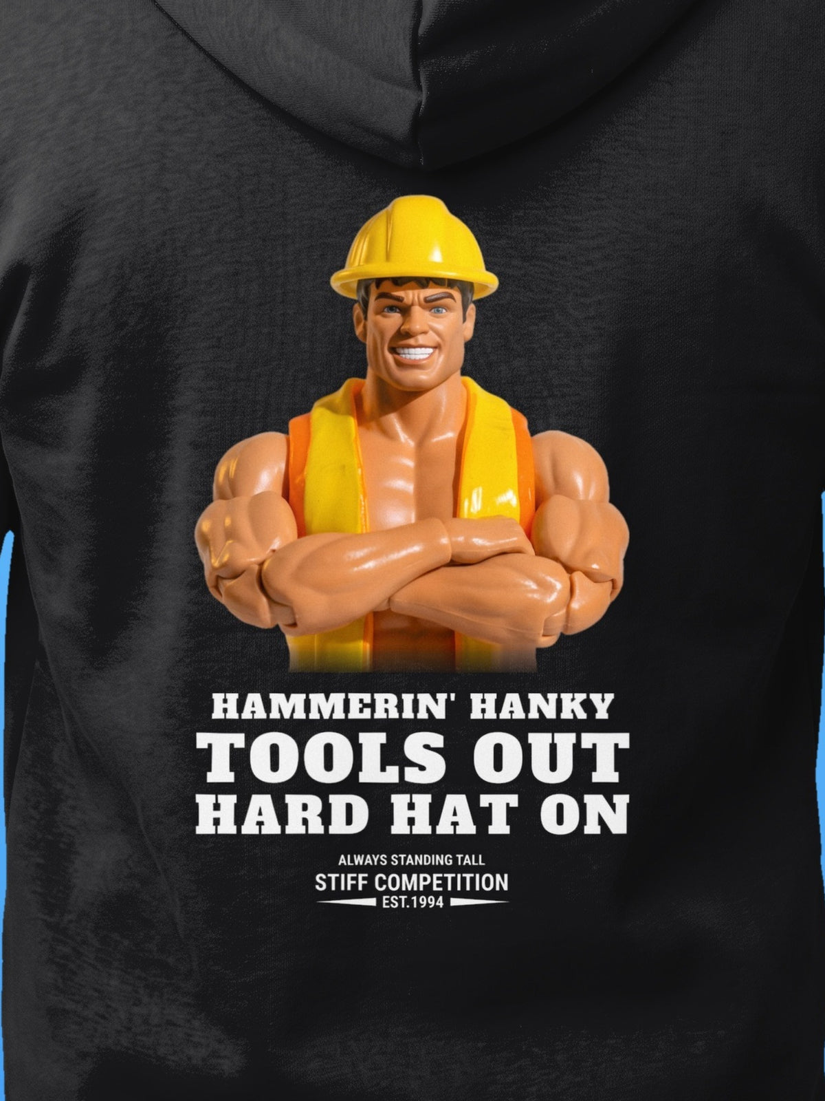 SC-94 HOODIE: HAMMERIN' HANKY (TOOLS OUT, HARD HAT ON), black, print close-up
