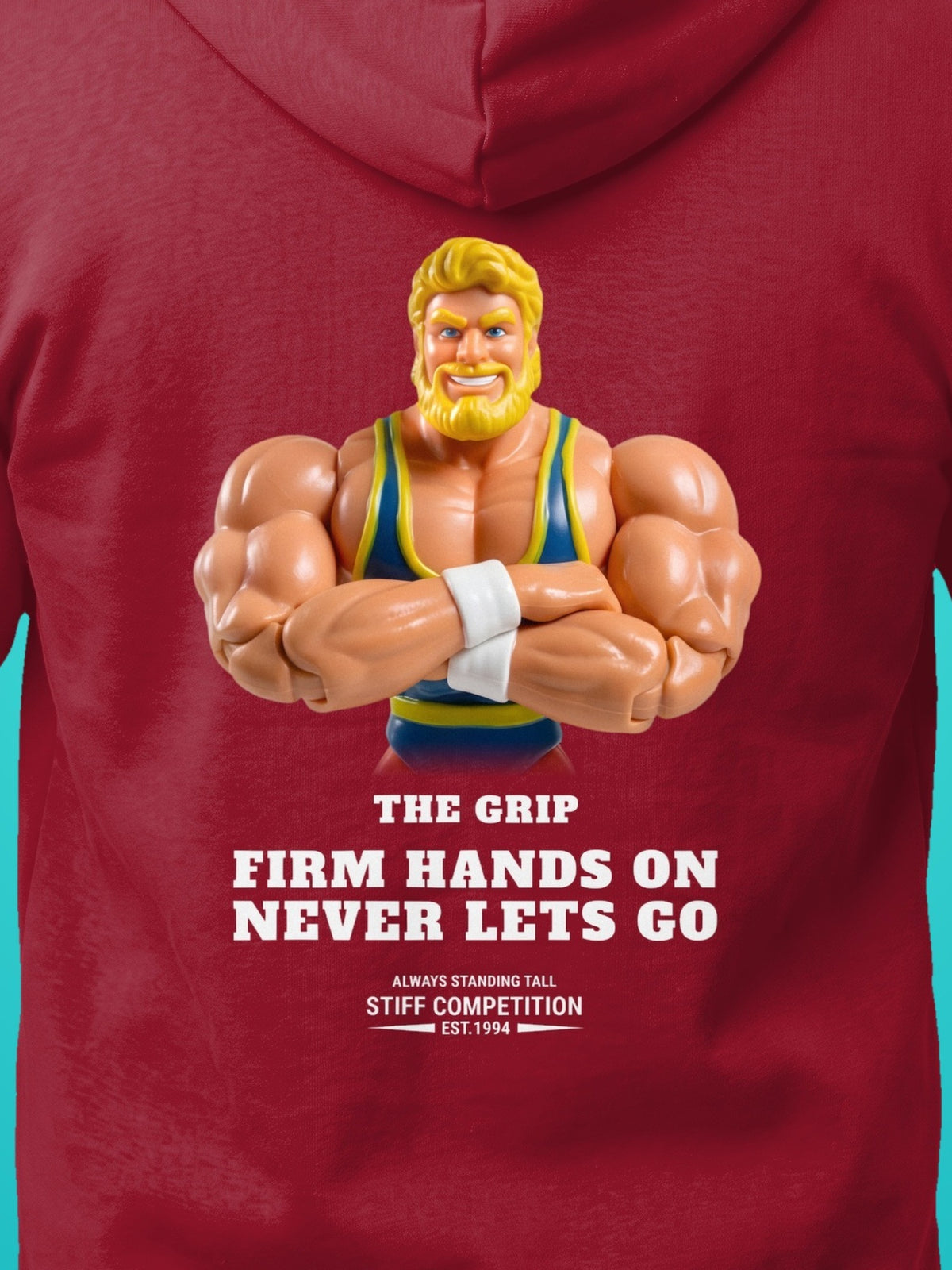 SC-94 HOODIE: THE GRIP (FIRM HANDS ON, NEVER LETS GO), cardinal red, print close-up