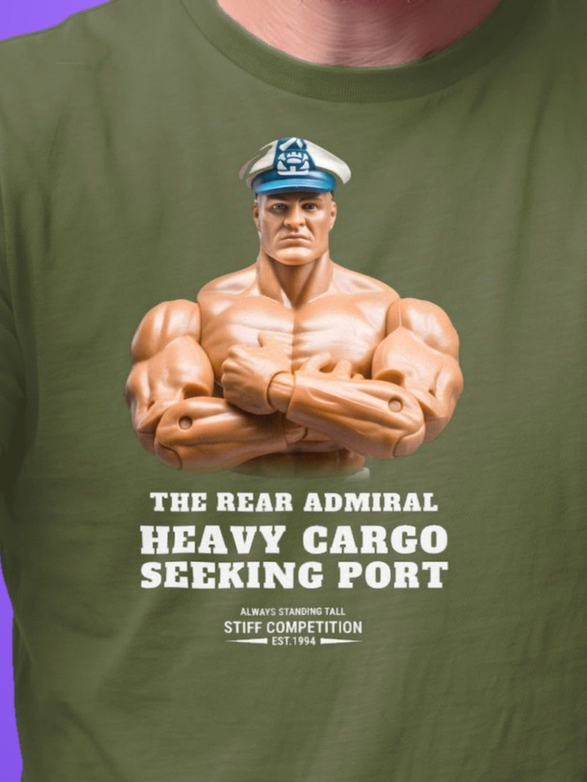 SC-94 T-SHIRT: THE REAR ADMIRAL (HEAVY CARGO, SEEKING PORT), military green, print close-up