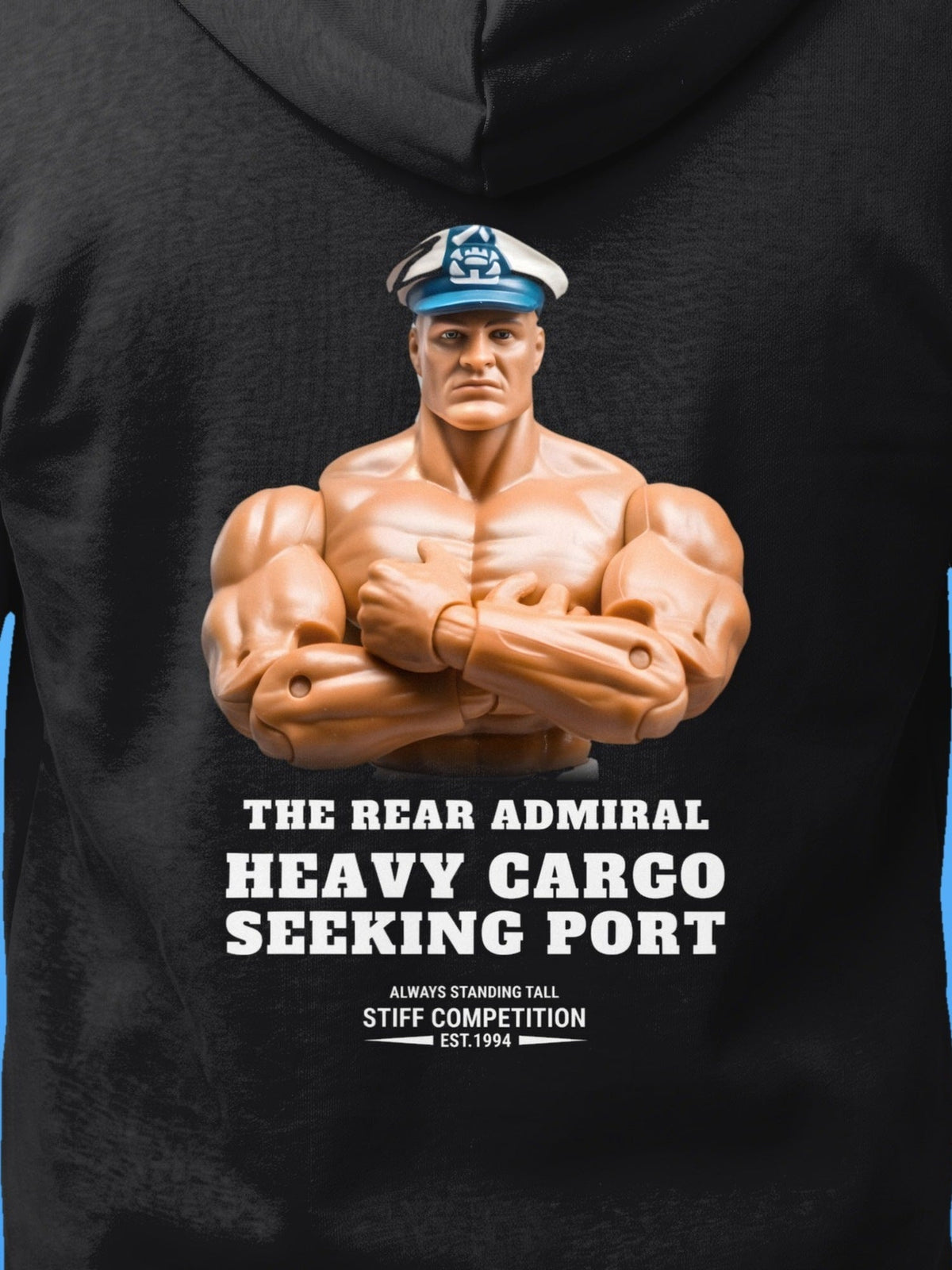 SC-94 HOODIE: THE REAR ADMIRAL (HEAVY CARGO, SEEKING PORT), black, print close-up