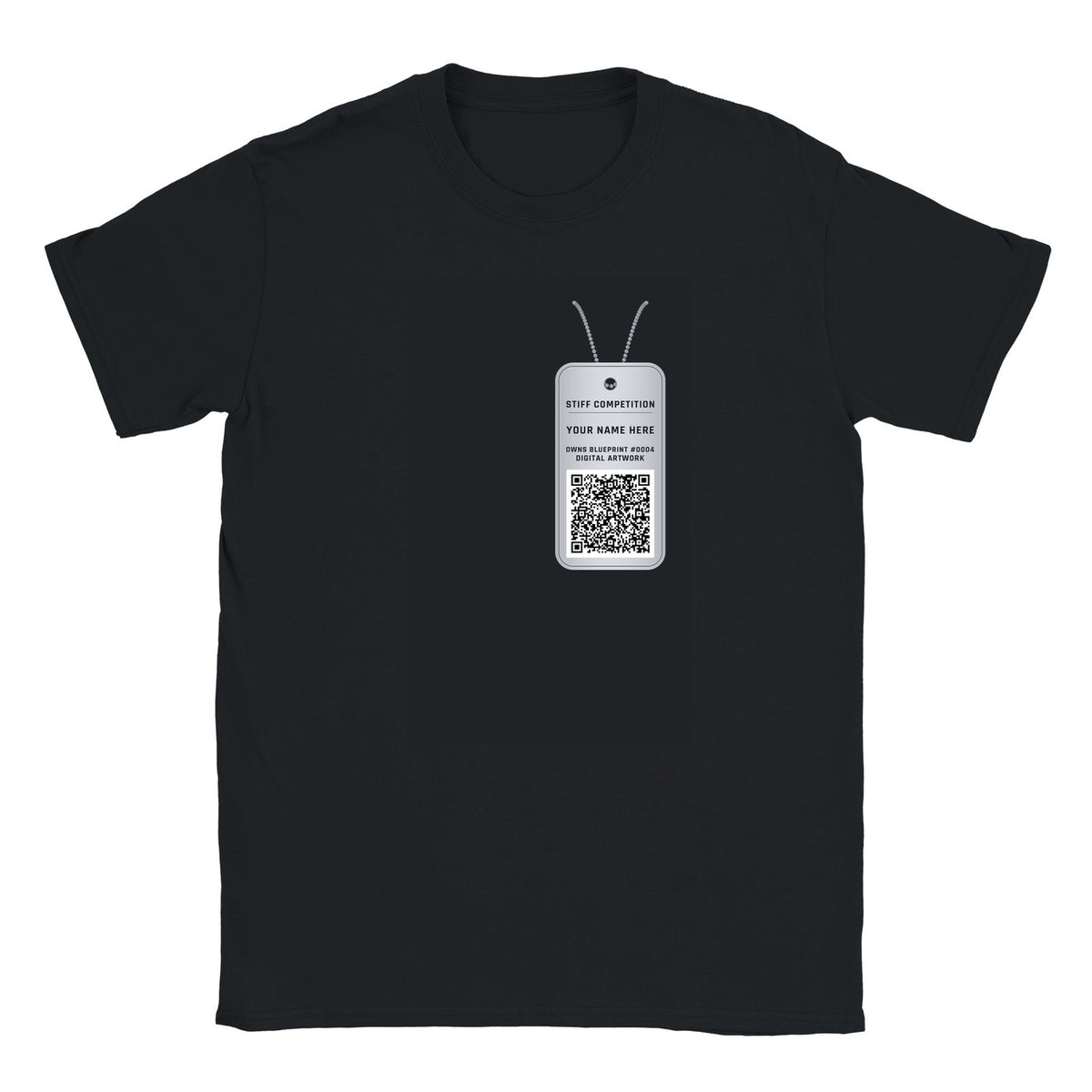 NFT Shirt sample, Pocket dog tag design, with YOUR NAME HERE where the owner's first name is printed