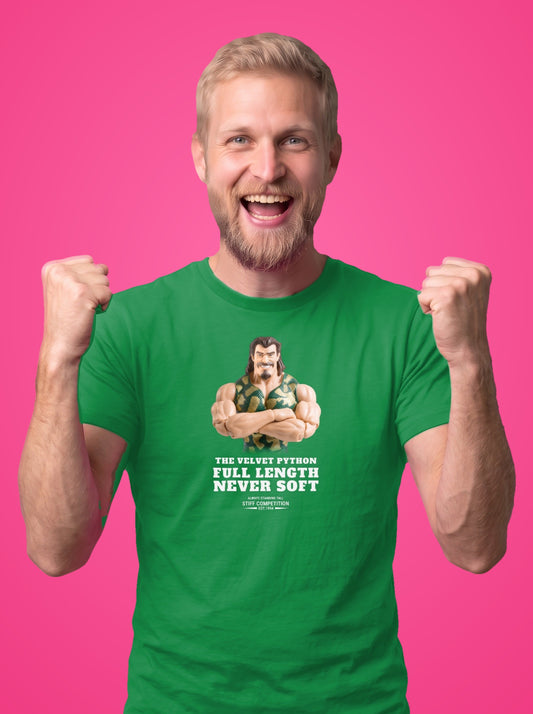 Man wearing the Velvet Python Full Length, Never Soft t-shirt in Irish green