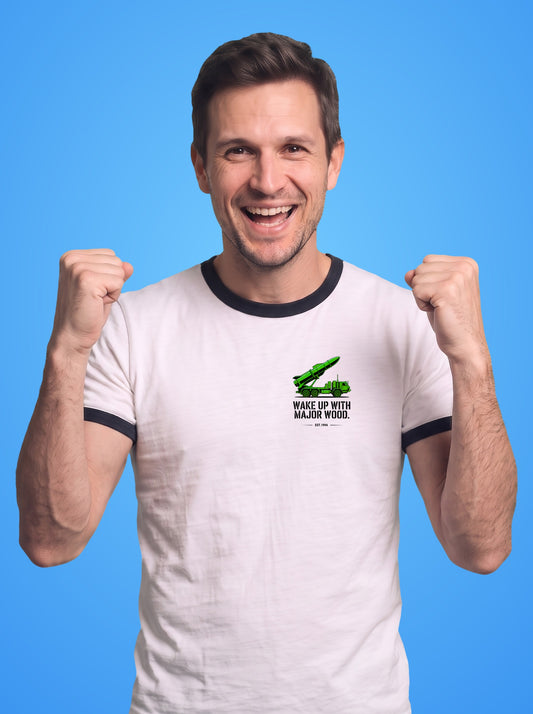 Wake Up with Major Wood ringer t-shirt worn by a man, green missile truck print on the left chest