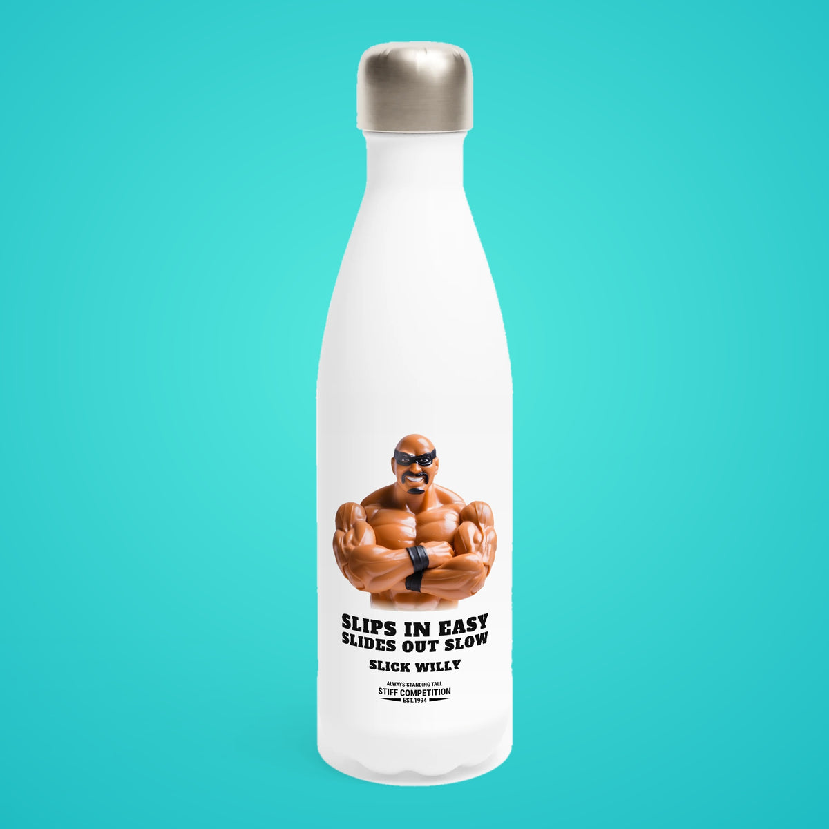 SC-94 WATER BOTTLE: SLICK WILLY (SLIPS IN EASY, SLIDES OUT SLOW), white, front