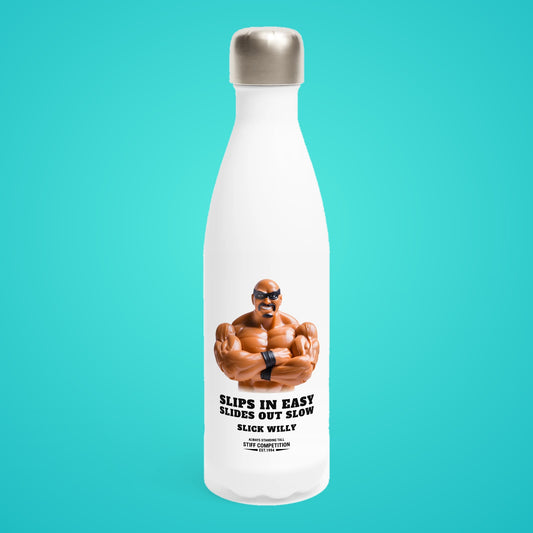 SC-94 WATER BOTTLE: SLICK WILLY (SLIPS IN EASY, SLIDES OUT SLOW), white, front