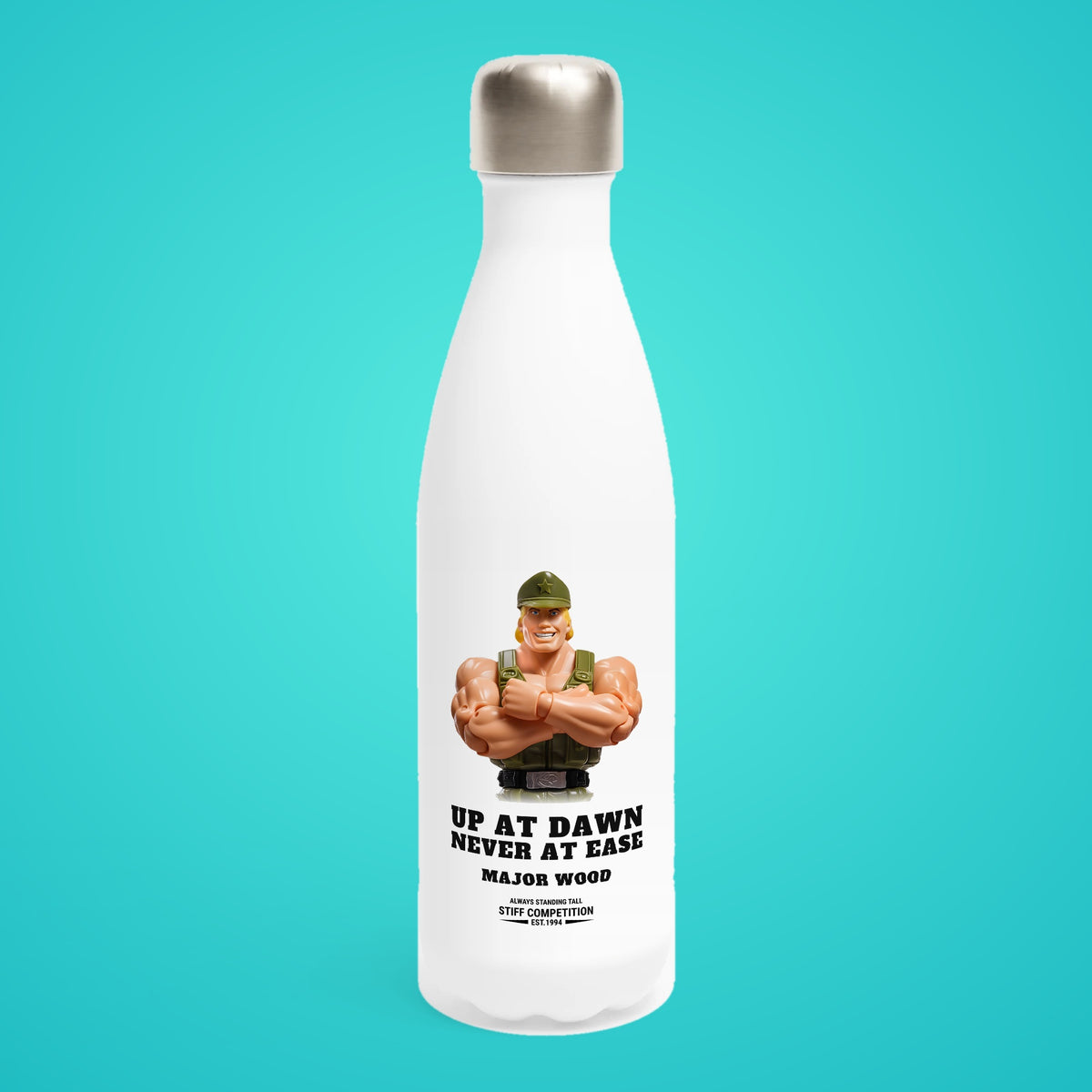 SC-94 WATER BOTTLE: MAJOR WOOD (UP AT DAWN, NEVER AT EASE), white, front