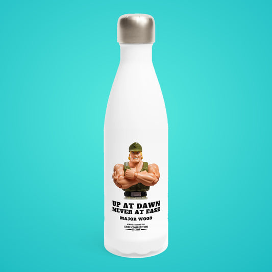 SC-94 WATER BOTTLE: MAJOR WOOD (UP AT DAWN, NEVER AT EASE), white, front