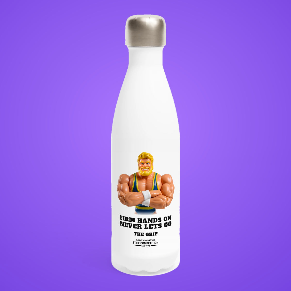 SC-94 WATER BOTTLE: THE GRIP (FIRM HANDS ON, NEVER LETS GO), white, front