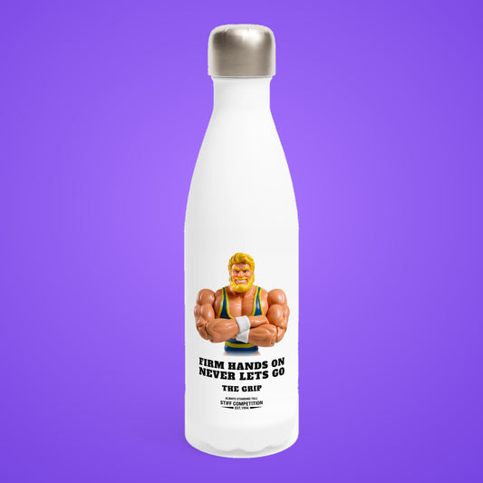 SC-94 WATER BOTTLE: THE GRIP (FIRM HANDS ON, NEVER LETS GO), white, front