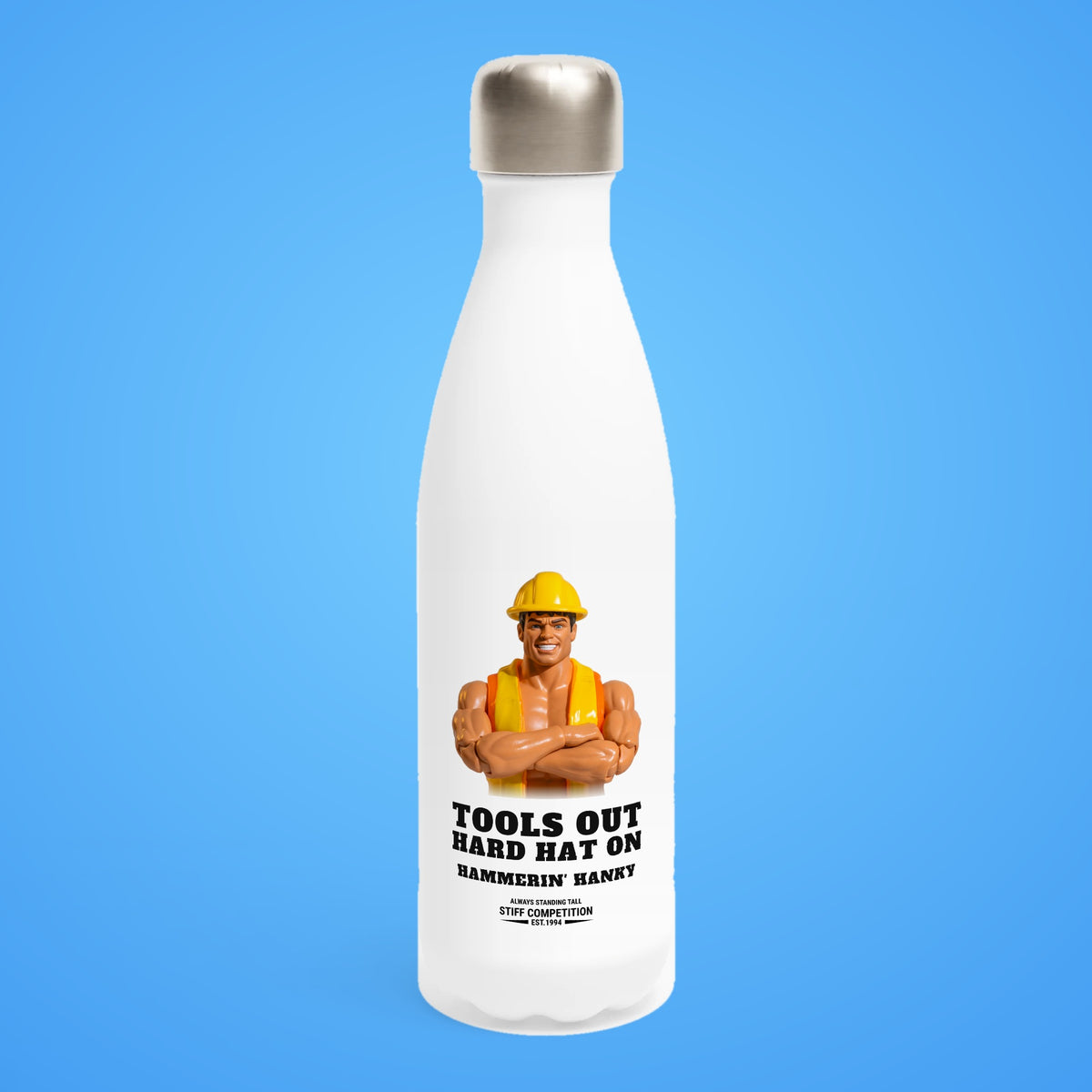 SC-94 WATER BOTTLE: HAMMERIN' HANKY (TOOLS OUT, HARD HAT ON), white, front