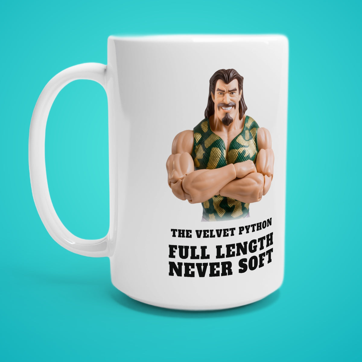 SC-94 MUG: THE VELVET PYTHON (FULL LENGTH, NEVER SOFT), white, handle left