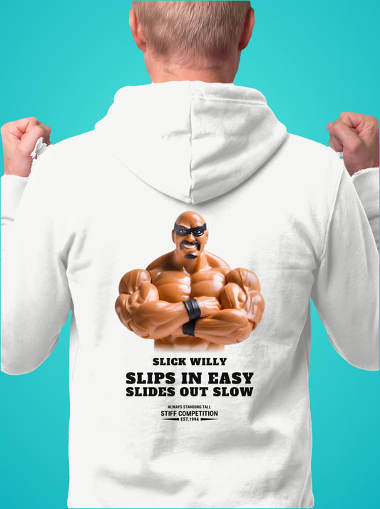 SC-94 HOODIE: SLICK WILLY (SLIPS IN EASY, SLIDES OUT SLOW), white, front