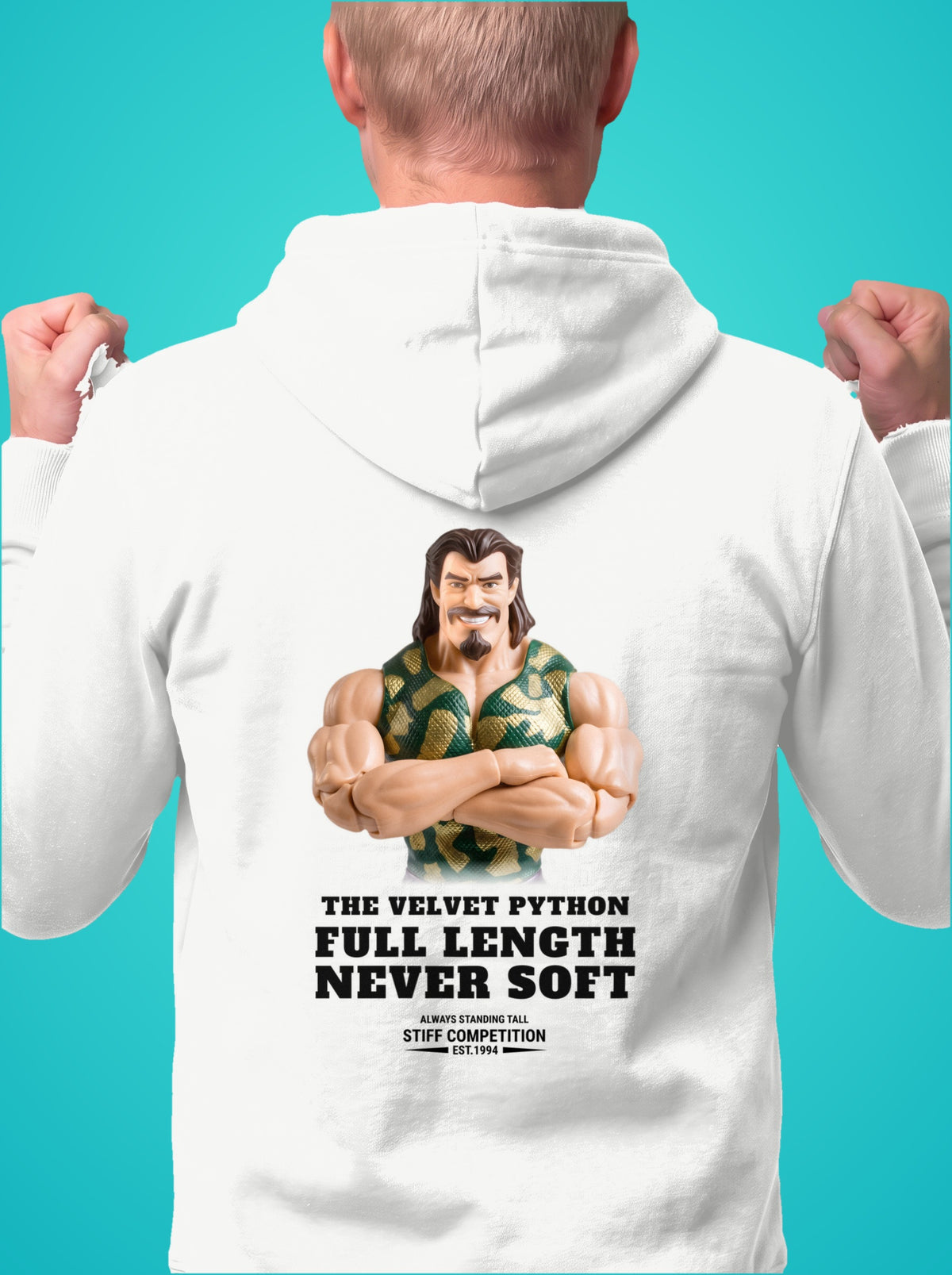 SC-94 HOODIE: THE VELVET PYTHON (FULL LENGTH, NEVER SOFT), white, front