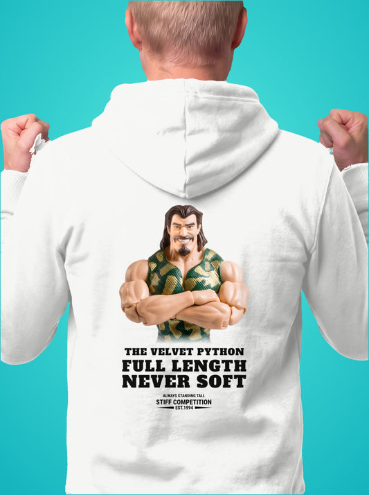 SC-94 HOODIE: THE VELVET PYTHON (FULL LENGTH, NEVER SOFT), white, front
