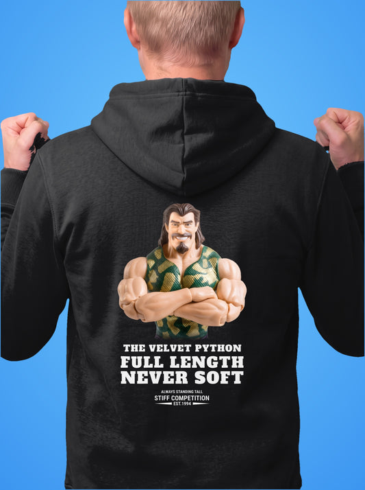 SC-94 HOODIE: THE VELVET PYTHON (FULL LENGTH, NEVER SOFT), black, front
