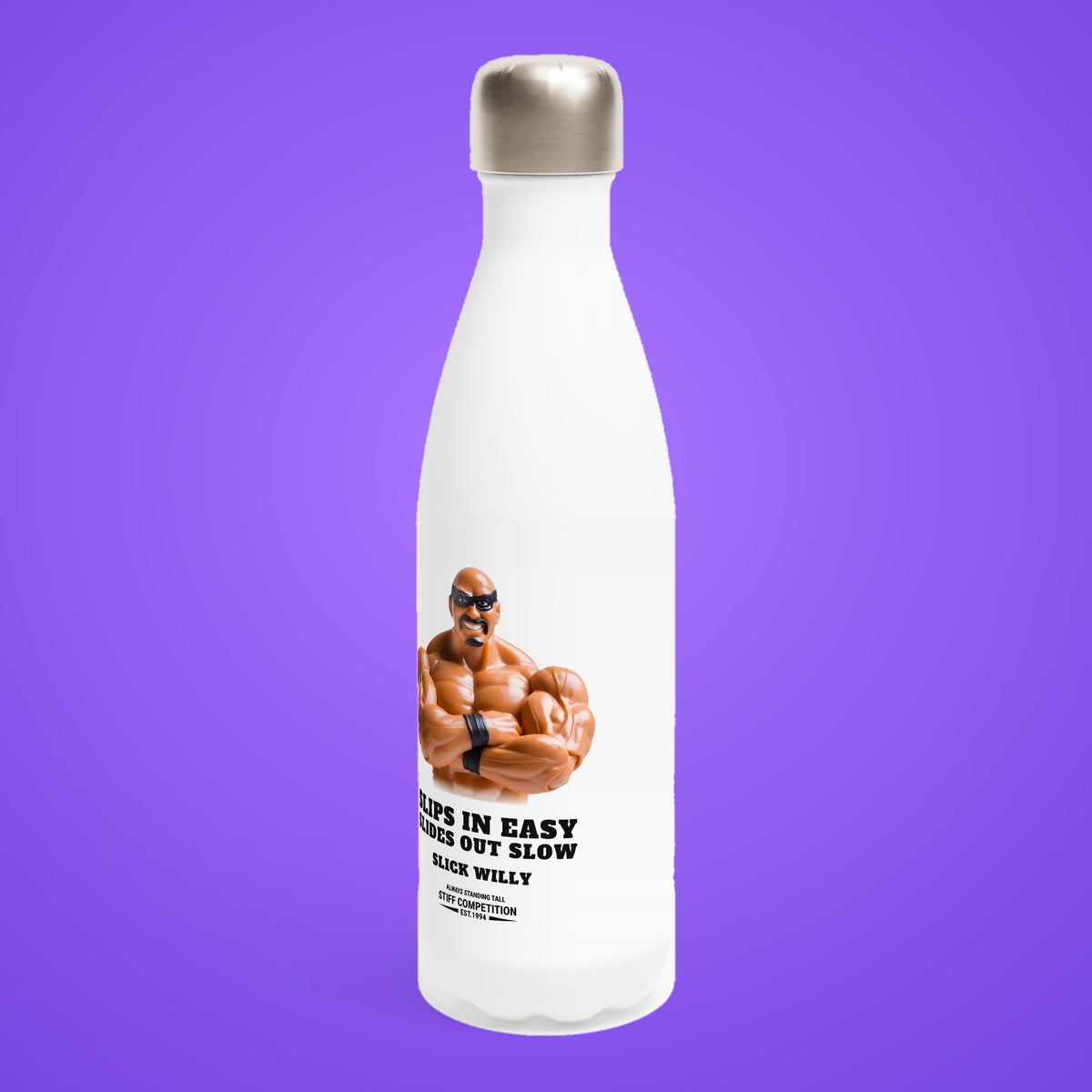 SC-94 WATER BOTTLE: SLICK WILLY (SLIPS IN EASY, SLIDES OUT SLOW), white, turned left