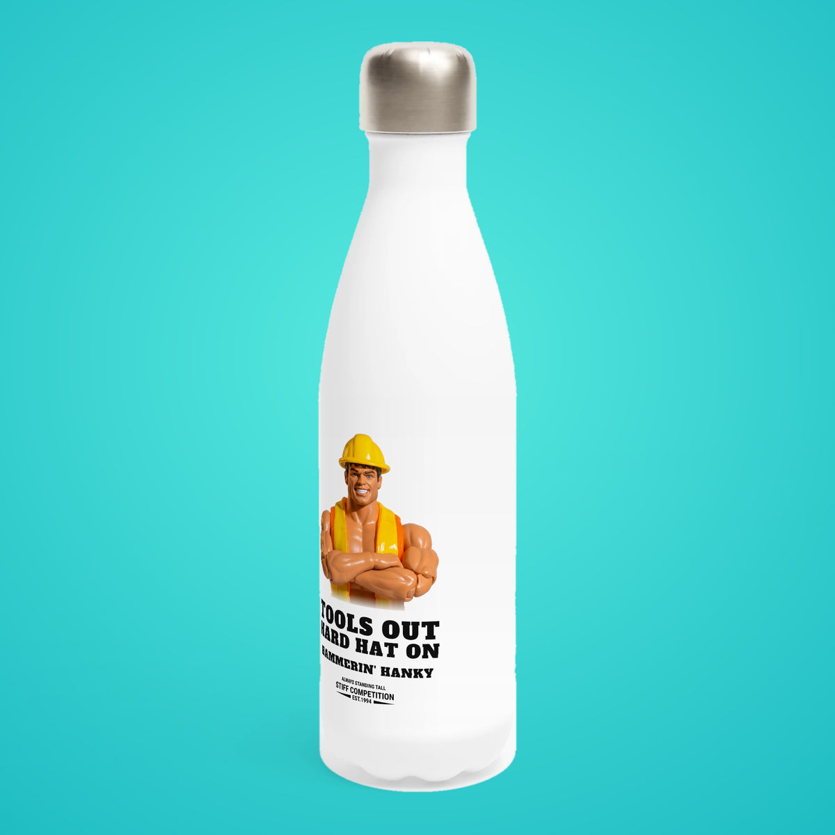 SC-94 WATER BOTTLE: HAMMERIN' HANKY (TOOLS OUT, HARD HAT ON), white, turned left