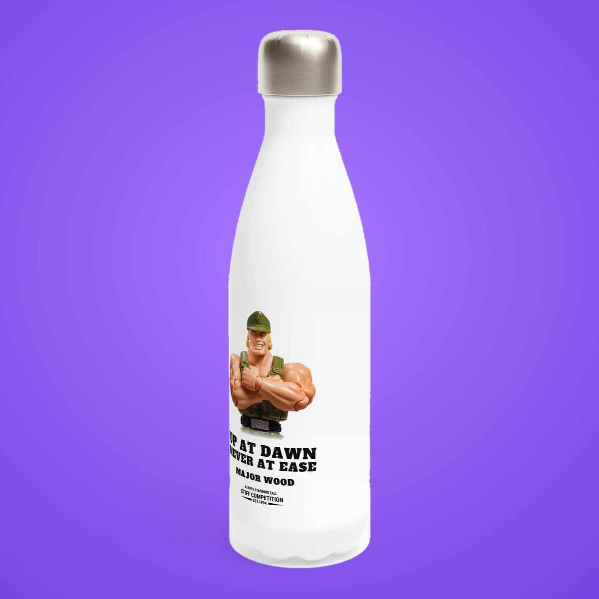 SC-94 WATER BOTTLE: MAJOR WOOD (UP AT DAWN, NEVER AT EASE), white, turned left