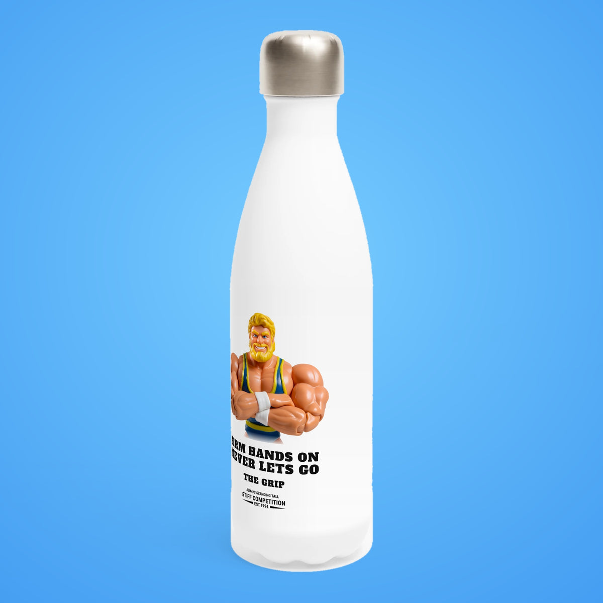 SC-94 WATER BOTTLE: THE GRIP (FIRM HANDS ON, NEVER LETS GO), white, turned left