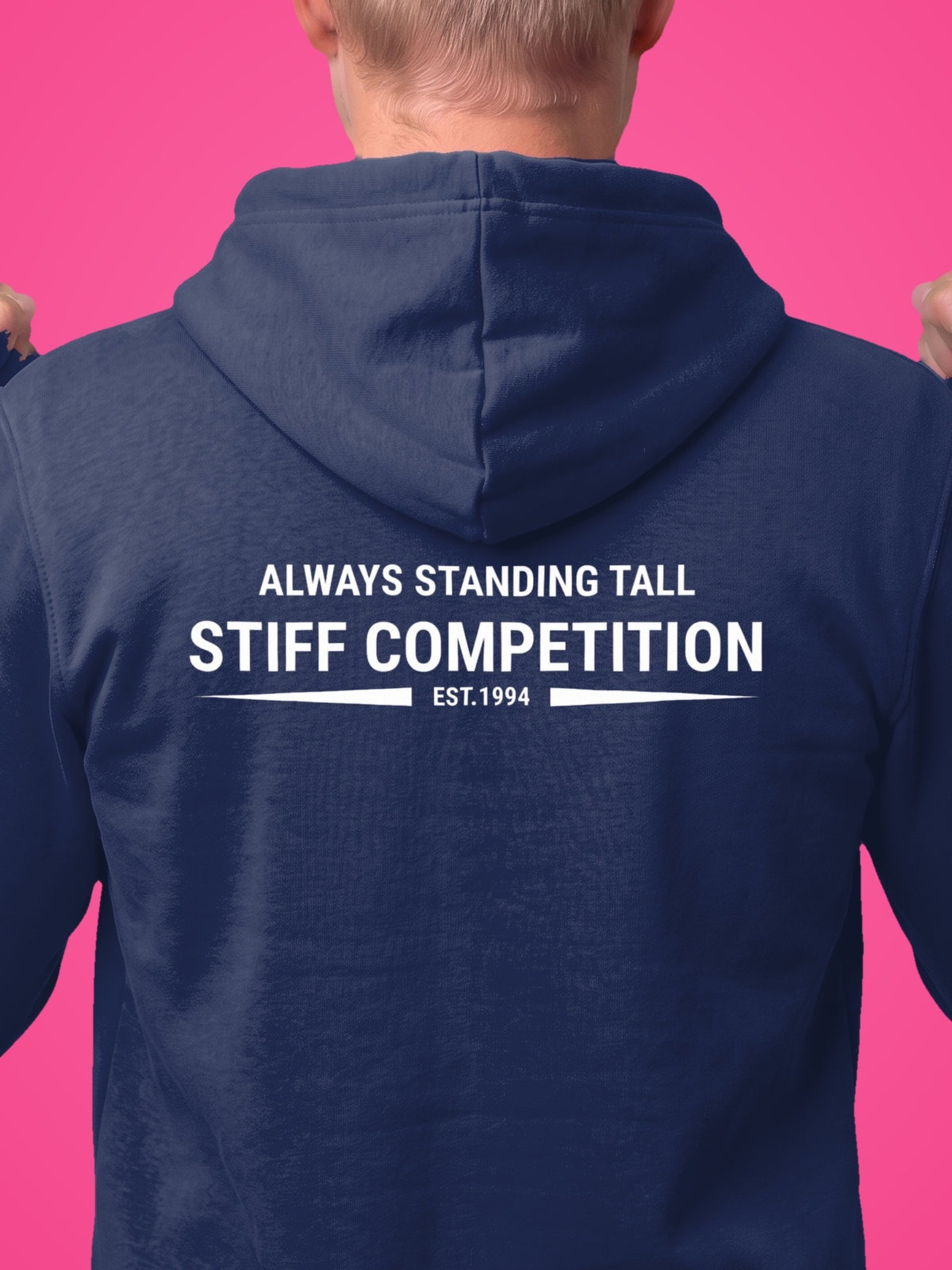 SC-94 HOODIE: ALWAYS STANDING TALL LOGO (ALWAYS STANDING TALL, EST. 1994), navy, print close-up