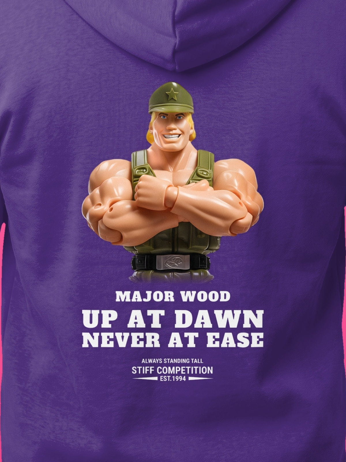 SC-94 HOODIE: MAJOR WOOD (UP AT DAWN, NEVER AT EASE), purple, print close-up