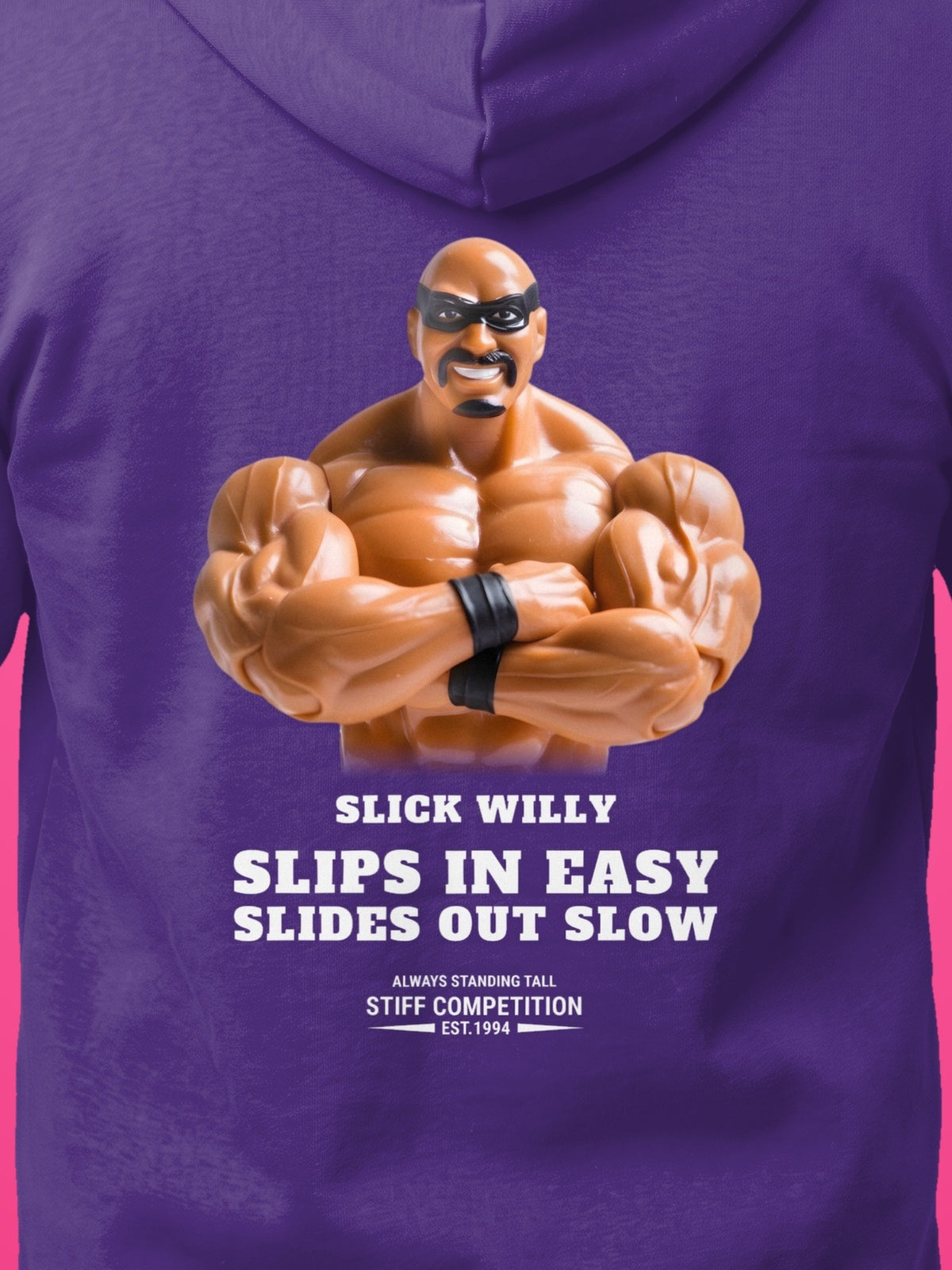 SC-94 HOODIE: SLICK WILLY (SLIPS IN EASY, SLIDES OUT SLOW), purple, print close-up