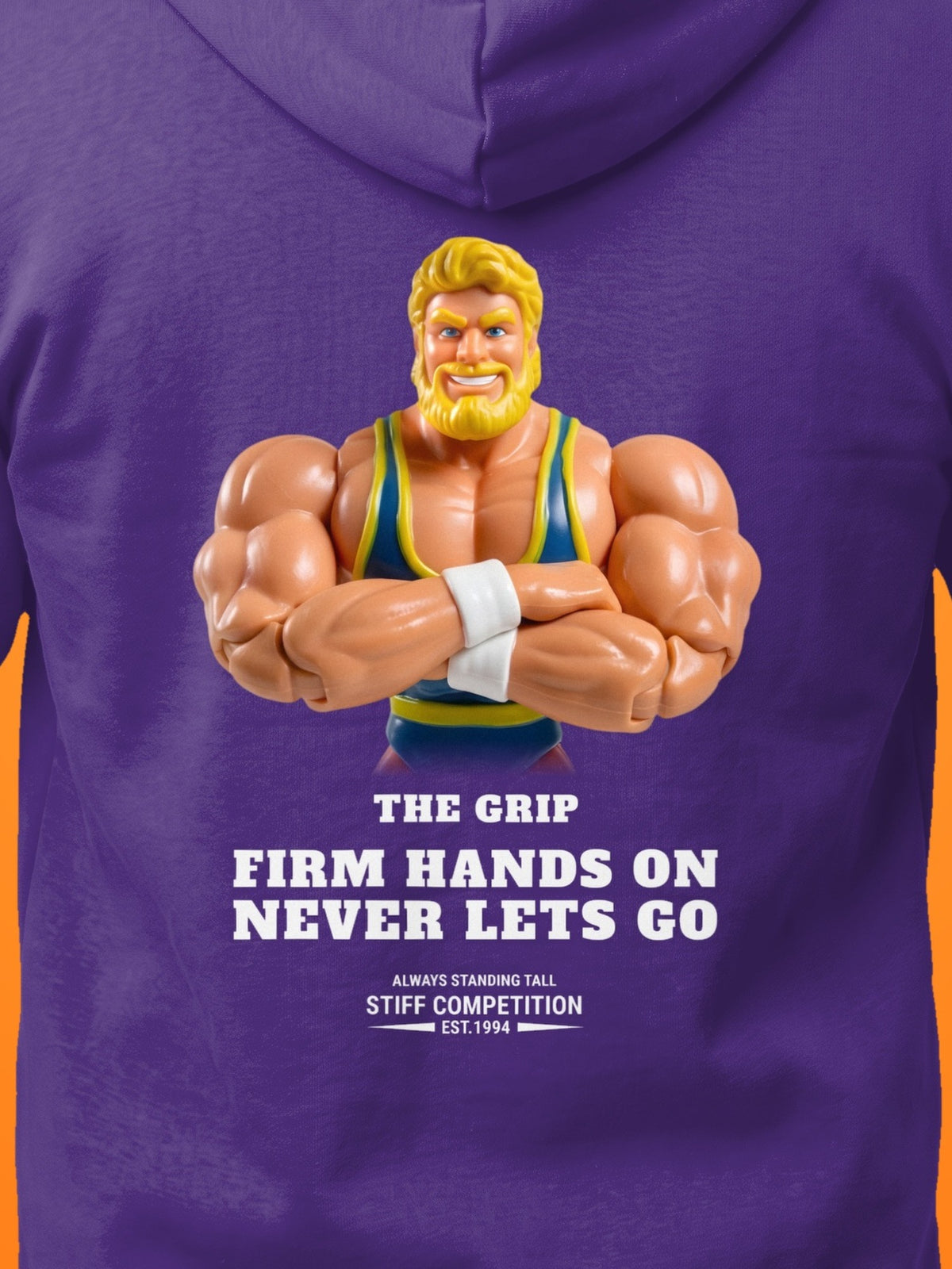 SC-94 HOODIE: THE GRIP (FIRM HANDS ON, NEVER LETS GO), purple, print close-up