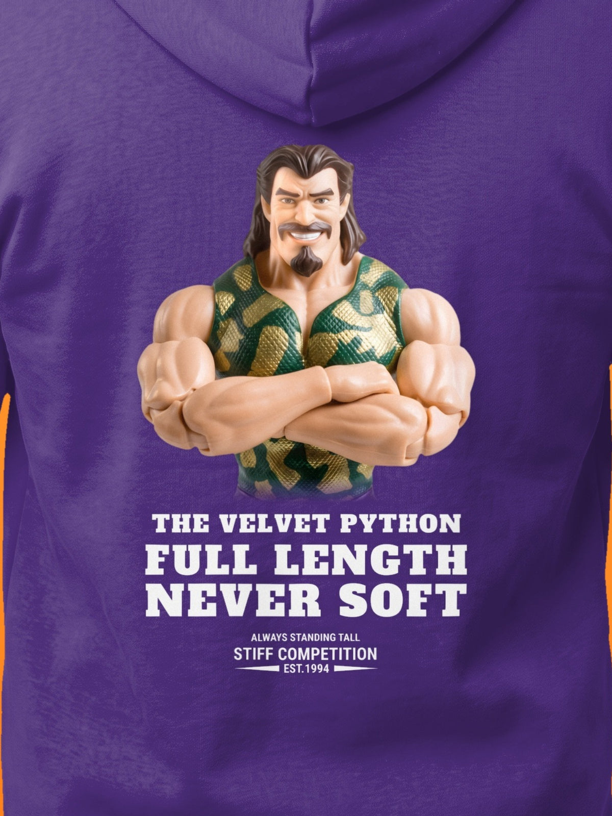 SC-94 HOODIE: THE VELVET PYTHON (FULL LENGTH, NEVER SOFT), purple, print close-up