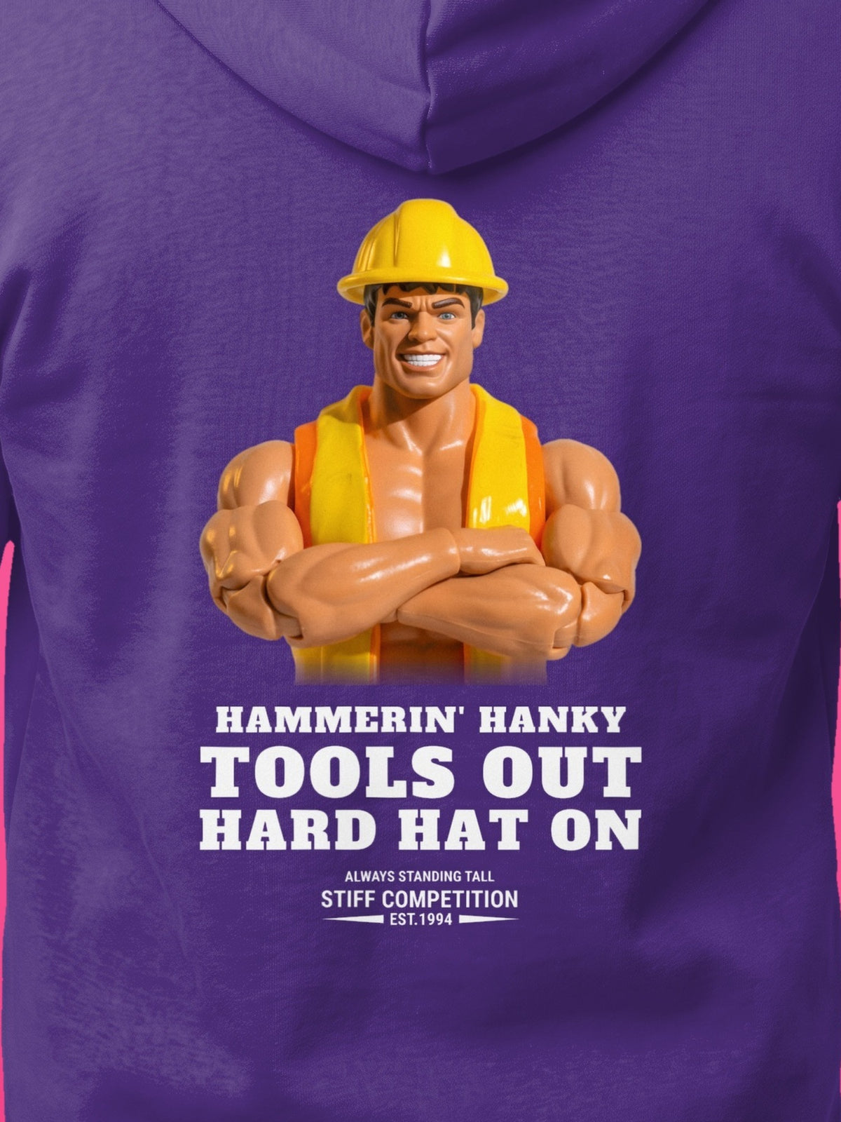 SC-94 HOODIE: HAMMERIN' HANKY (TOOLS OUT, HARD HAT ON), purple, print close-up
