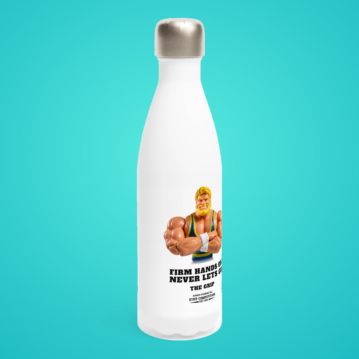 SC-94 WATER BOTTLE: THE GRIP (FIRM HANDS ON, NEVER LETS GO), white, turned right