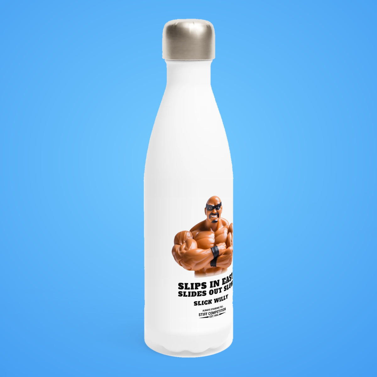 SC-94 WATER BOTTLE: SLICK WILLY (SLIPS IN EASY, SLIDES OUT SLOW), white, turned right