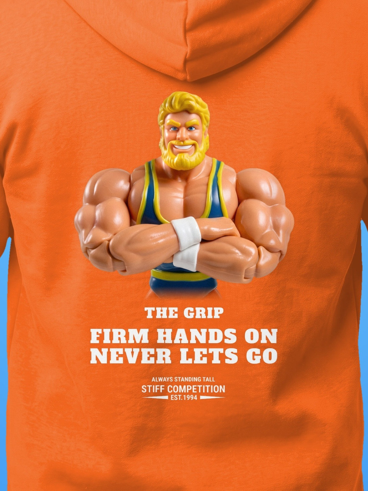 SC-94 HOODIE: THE GRIP (FIRM HANDS ON, NEVER LETS GO), orange, print close-up