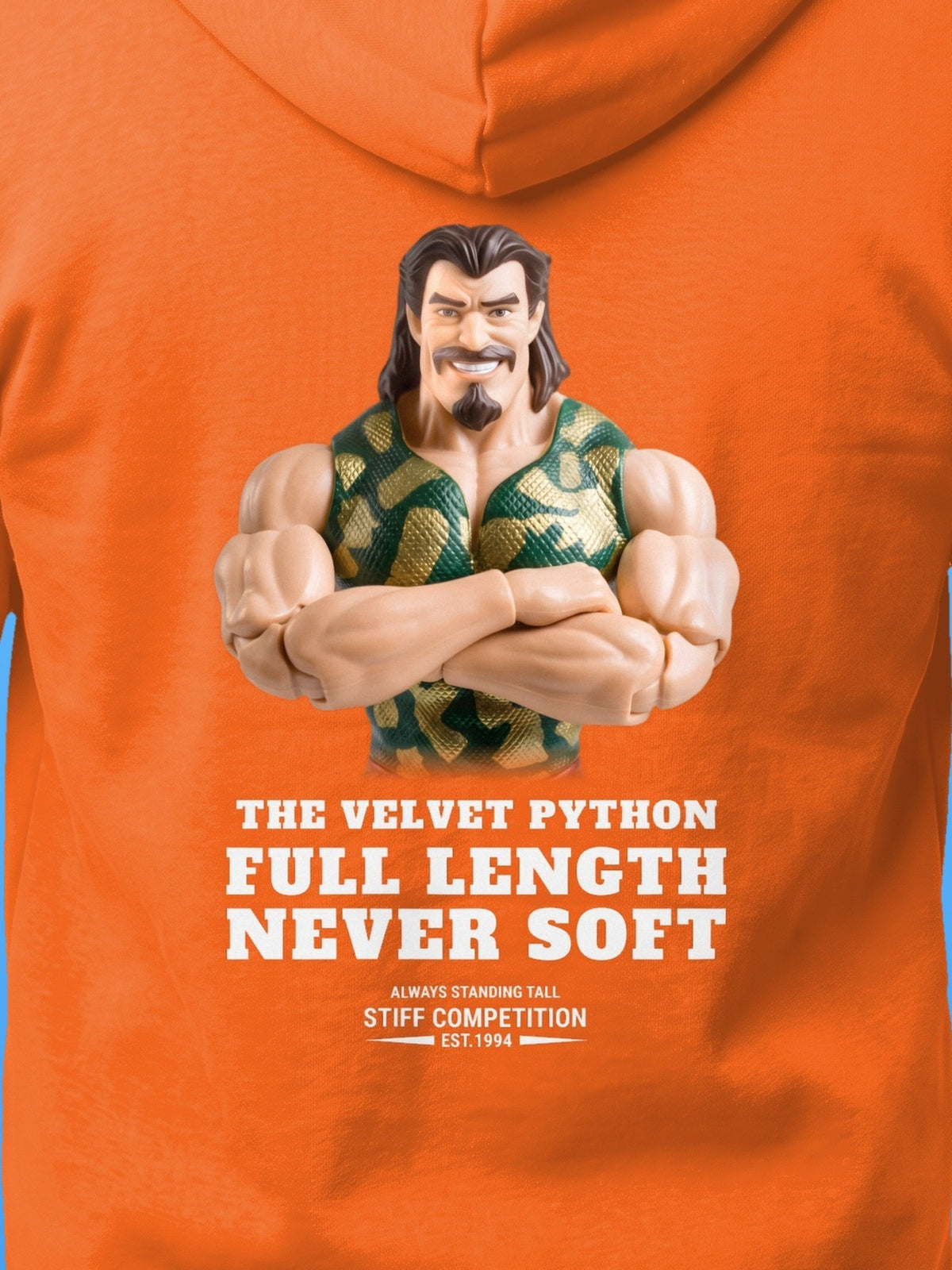SC-94 HOODIE: THE VELVET PYTHON (FULL LENGTH, NEVER SOFT), orange, print close-up