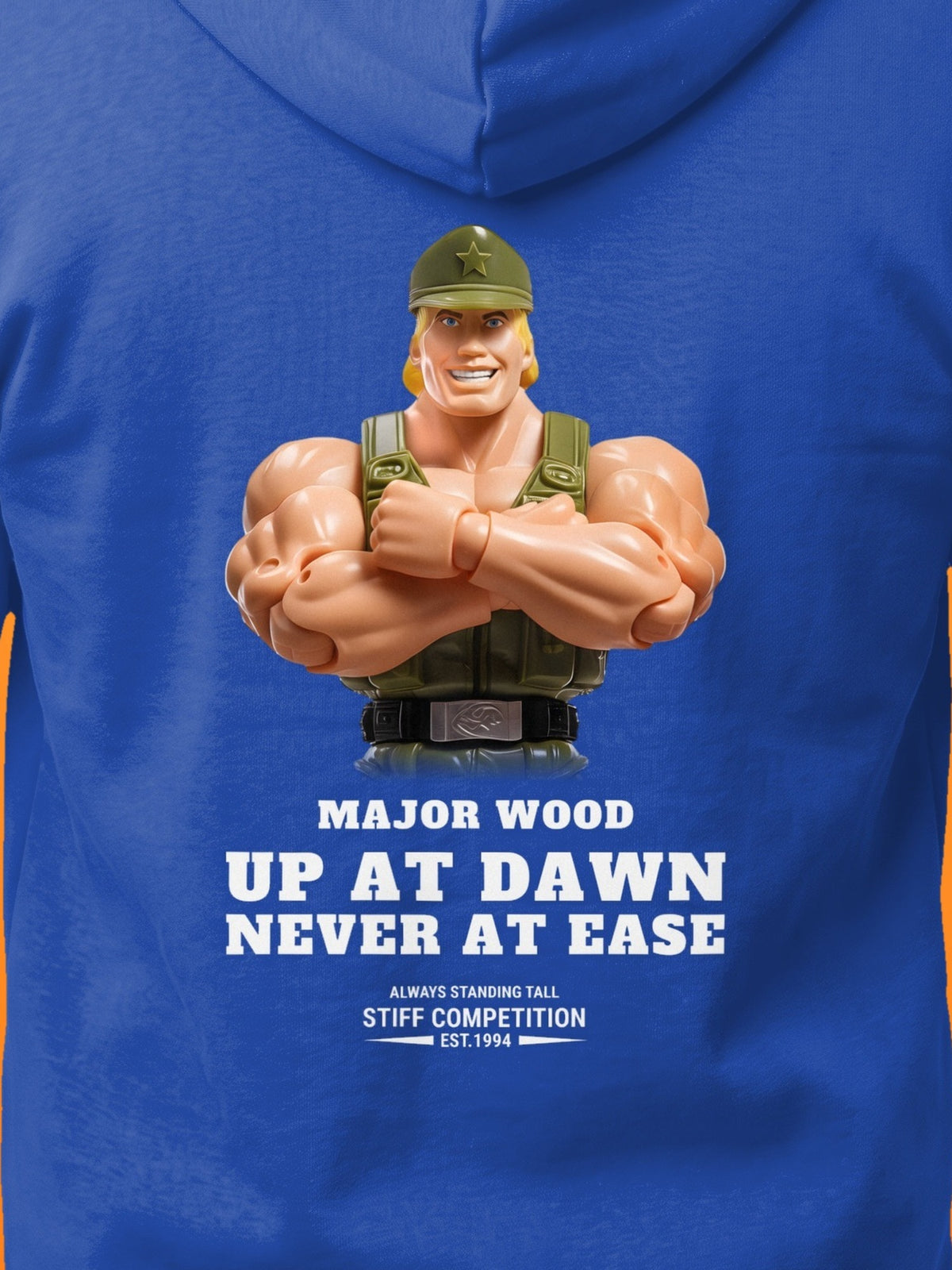 SC-94 HOODIE: MAJOR WOOD (UP AT DAWN, NEVER AT EASE), royal, print close-up