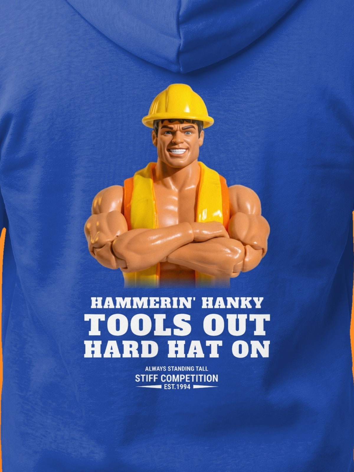 SC-94 HOODIE: HAMMERIN' HANKY (TOOLS OUT, HARD HAT ON), royal, print close-up