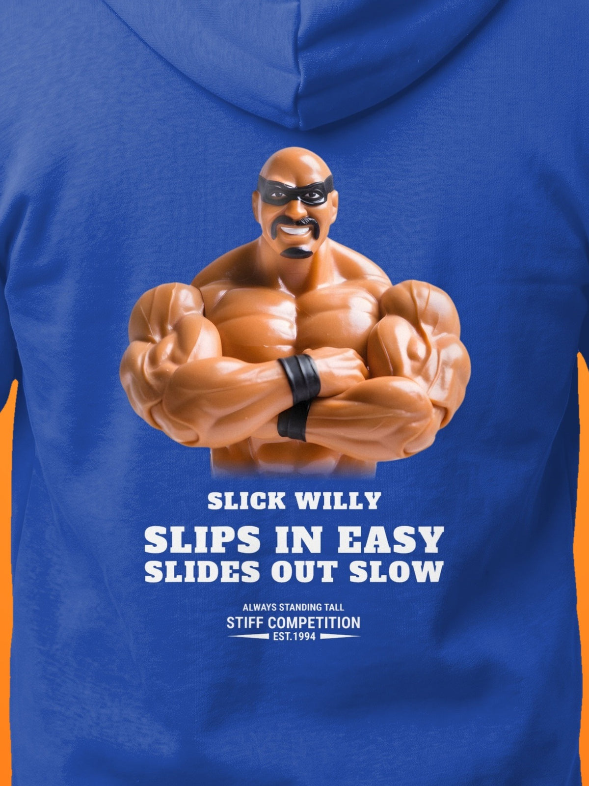 SC-94 HOODIE: SLICK WILLY (SLIPS IN EASY, SLIDES OUT SLOW), royal, print close-up