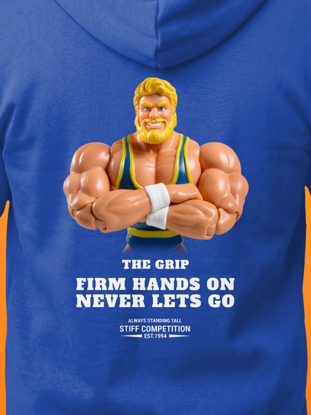 SC-94 HOODIE: THE GRIP (FIRM HANDS ON, NEVER LETS GO), royal, print close-up