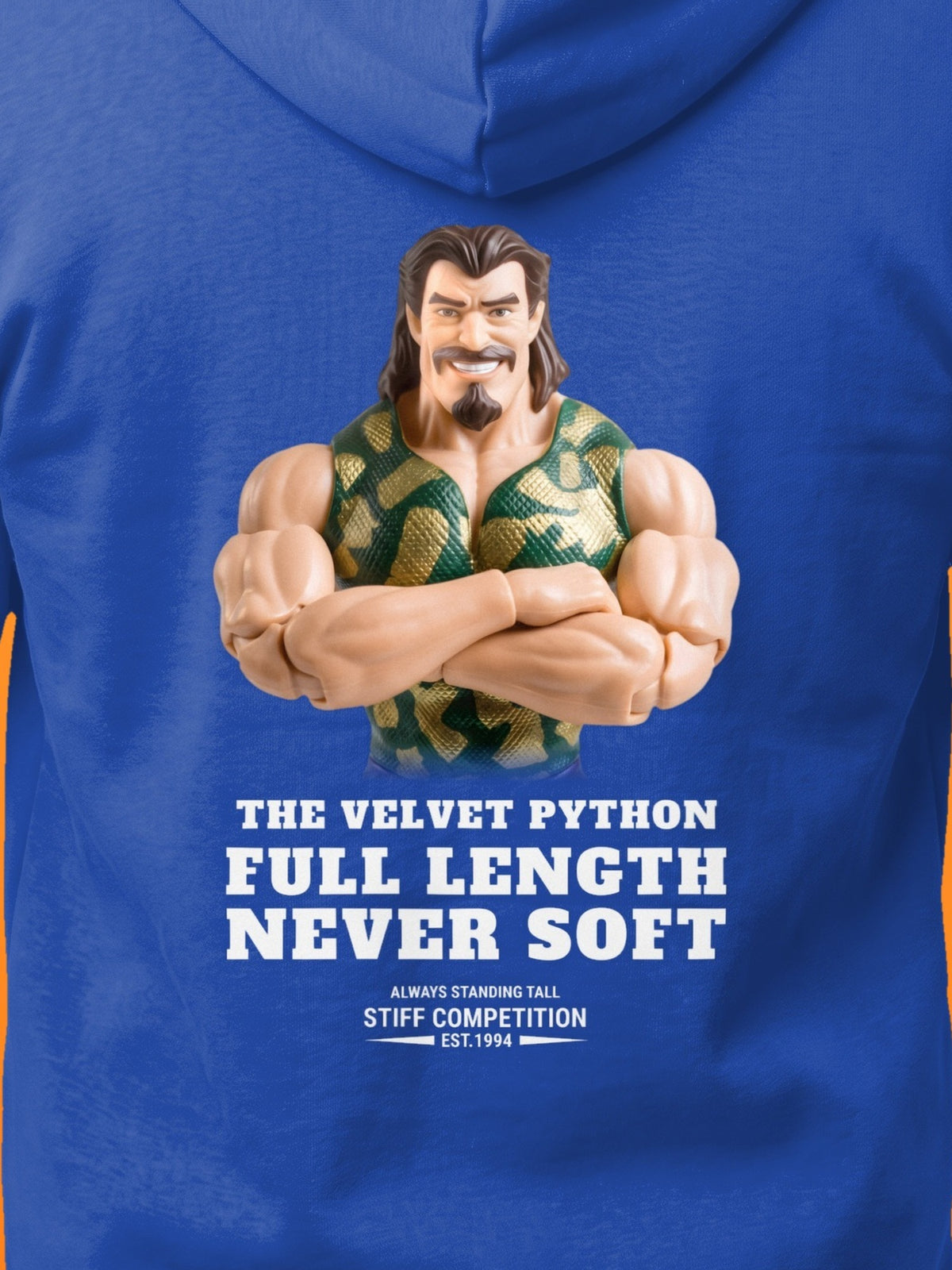 SC-94 HOODIE: THE VELVET PYTHON (FULL LENGTH, NEVER SOFT), royal, print close-up