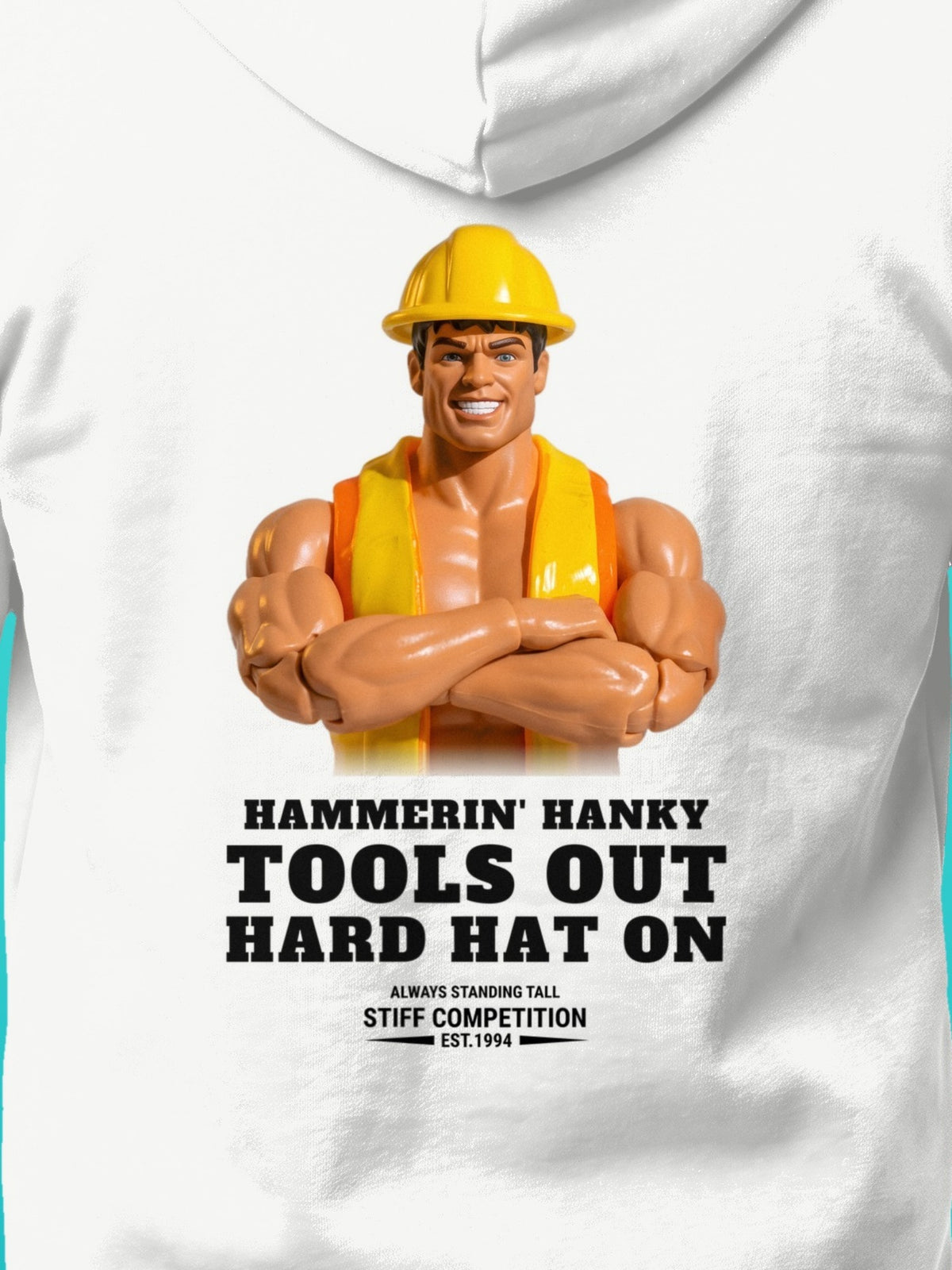 SC-94 HOODIE: HAMMERIN' HANKY (TOOLS OUT, HARD HAT ON), white, print close-up