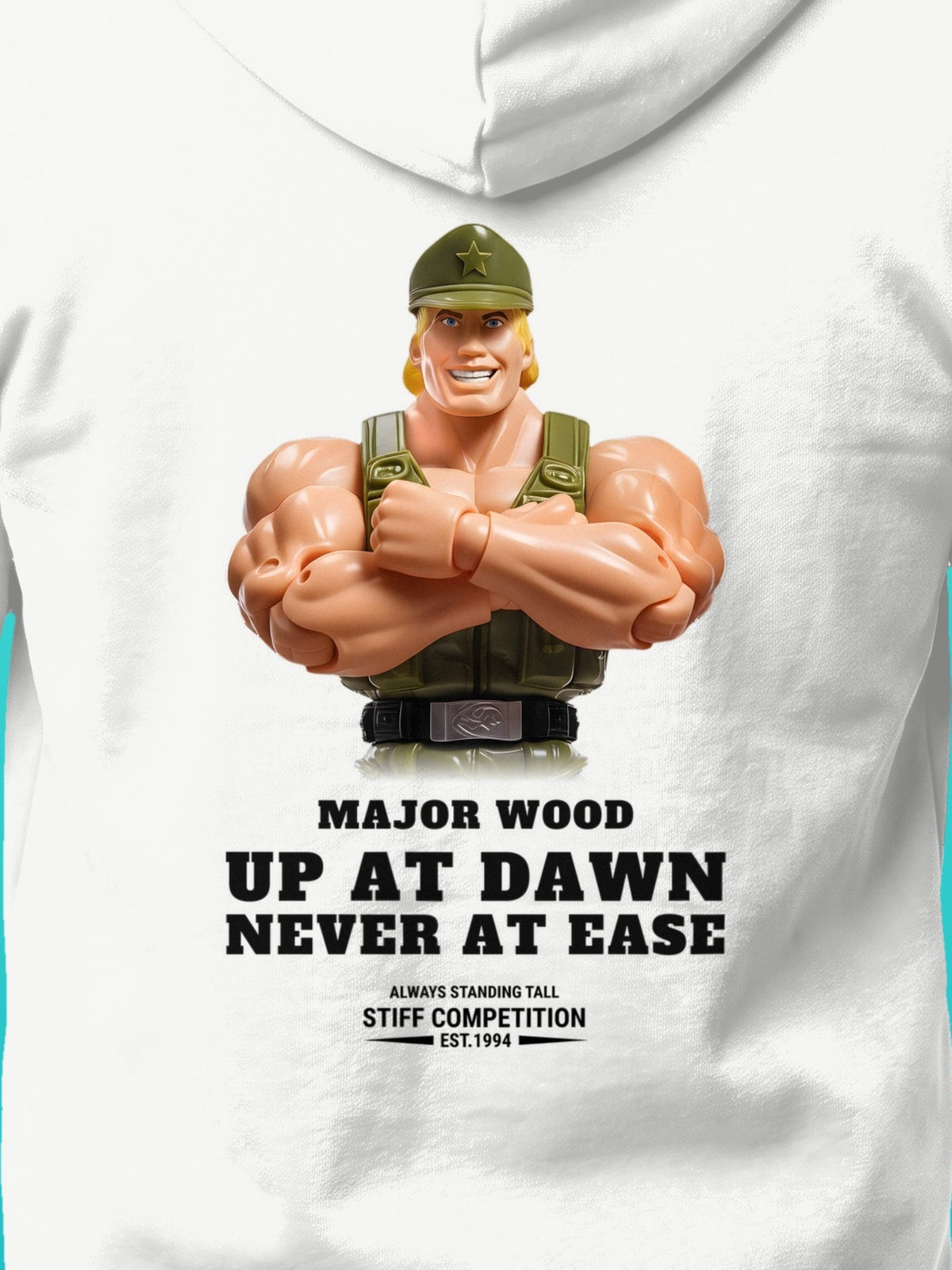 SC-94 HOODIE: MAJOR WOOD (UP AT DAWN, NEVER AT EASE), white, print close-up