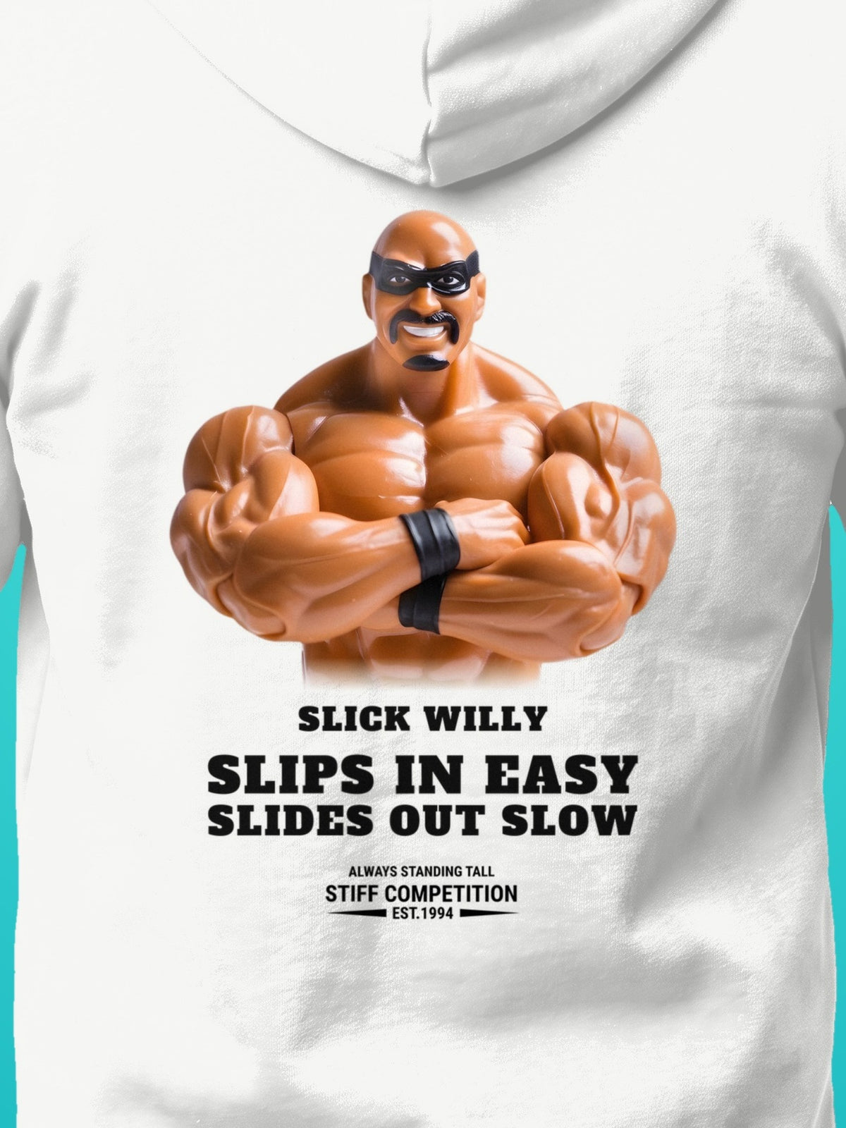 SC-94 HOODIE: SLICK WILLY (SLIPS IN EASY, SLIDES OUT SLOW), white, print close-up