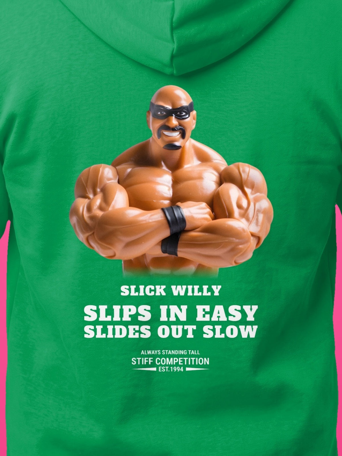 SC-94 HOODIE: SLICK WILLY (SLIPS IN EASY, SLIDES OUT SLOW), irish green, print close-up