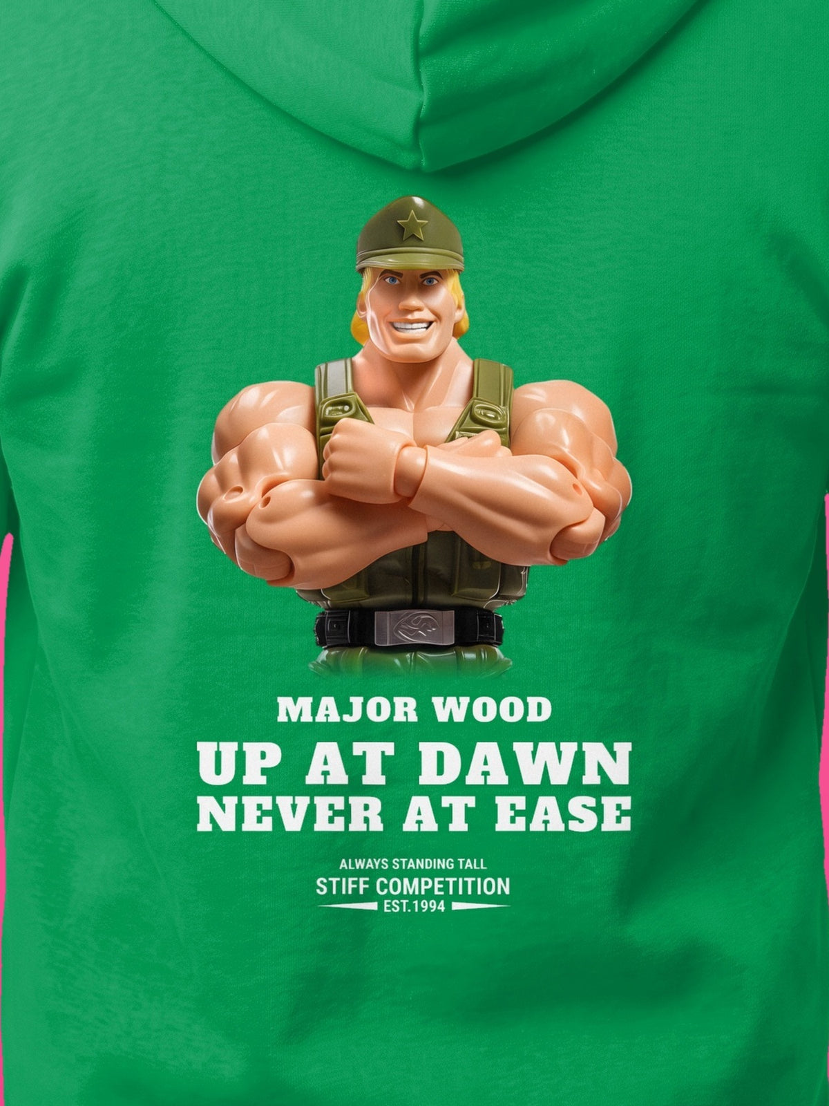 SC-94 HOODIE: MAJOR WOOD (UP AT DAWN, NEVER AT EASE), irish green, print close-up
