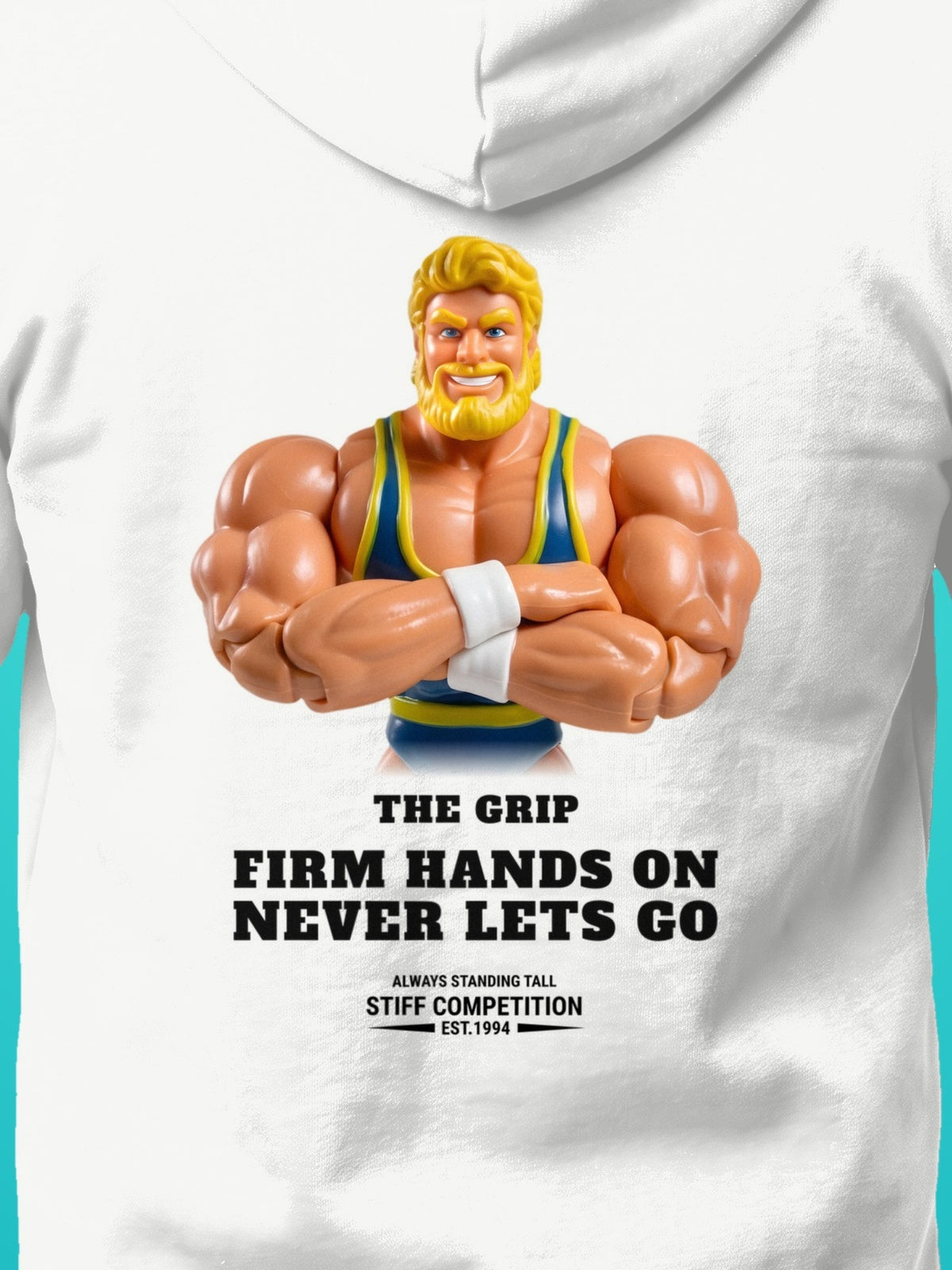 SC-94 HOODIE: THE GRIP (FIRM HANDS ON, NEVER LETS GO), white, print close-up