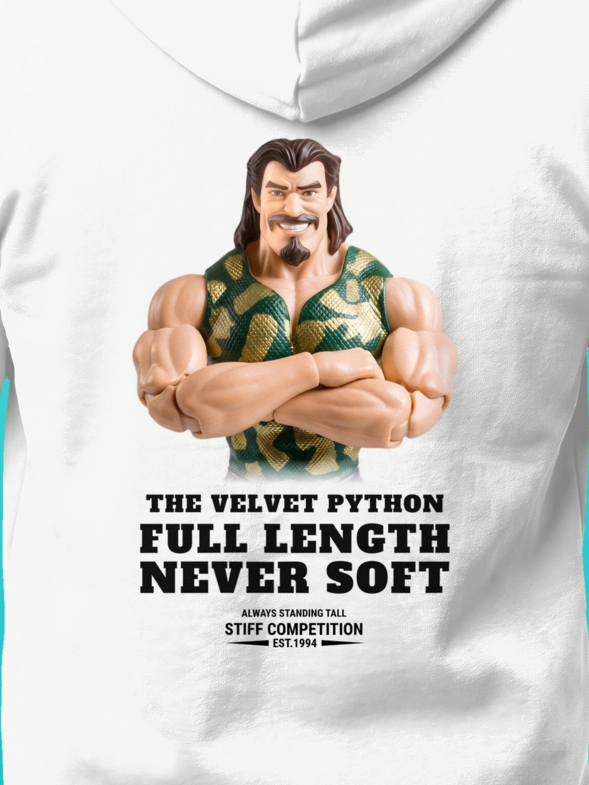 SC-94 HOODIE: THE VELVET PYTHON (FULL LENGTH, NEVER SOFT), white, print close-up