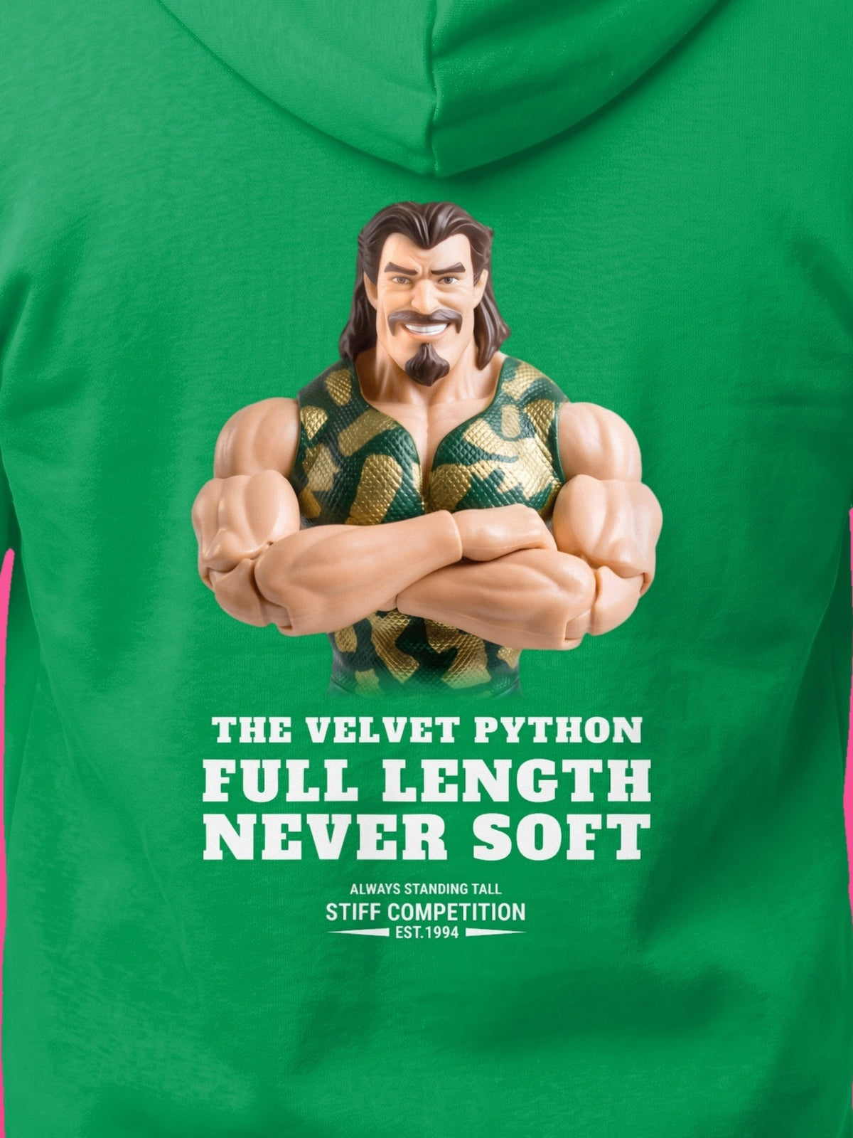 SC-94 HOODIE: THE VELVET PYTHON (FULL LENGTH, NEVER SOFT), irish green, print close-up
