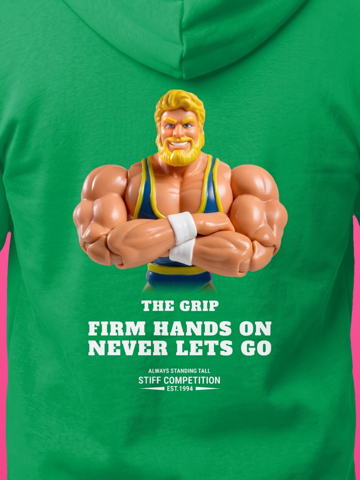 SC-94 HOODIE: THE GRIP (FIRM HANDS ON, NEVER LETS GO), irish green, print close-up